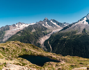 Obraz premium Argentière Glacier, Aiguille d’Argentière and Tour Glacier from the North with a Lake