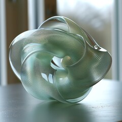 Abstract glass sculpture with a swirling design on a blurred background.