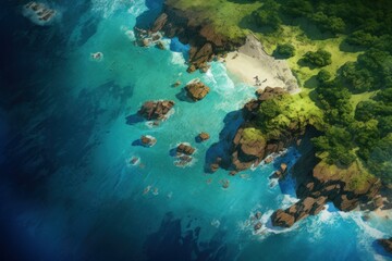Fototapeta premium Aerial drone photography capturing the breathtaking tropical seaside coastline with azure waters. Lush greenery. Sandy beaches. And serene cliffs