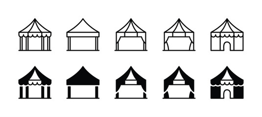 Event tent thin line icon set. Containing tent of festival, circus, party, sales, and carnival. Awning, marquee, and pavilion vector illustration