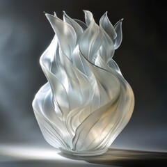 Elegant abstract glass sculpture with dynamic swirls and translucent texture on a gradient background.