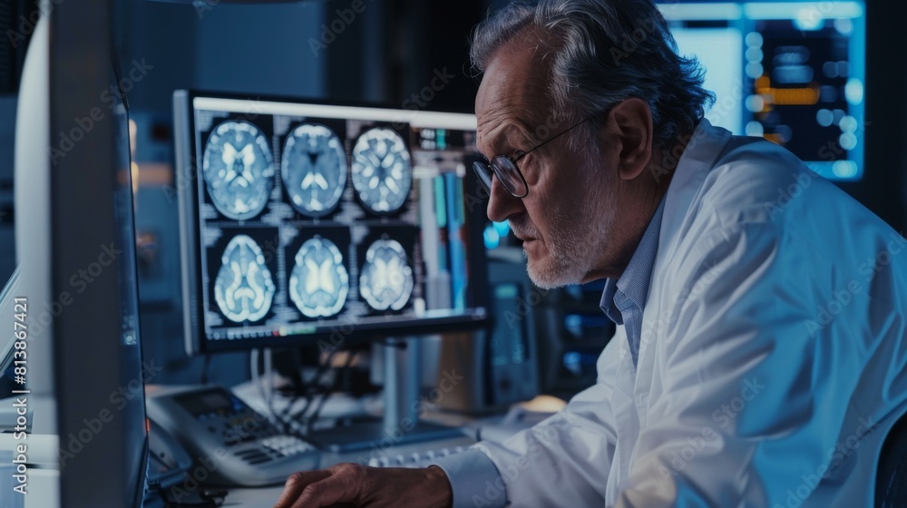 Poster scientist examines an mri scan of the brain on a desktop computer in the medical research center lab