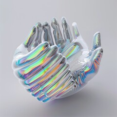 Abstract holographic hands in a cupped position on a light background.