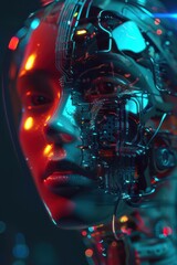Futuristic robot head with intricate wiring and red glowing eyes, depicting advanced artificial intelligence.