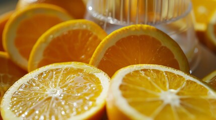 A close-up of sliced oranges and a juicer, ready to extract the pure essence of citrus for a healthy beverage.