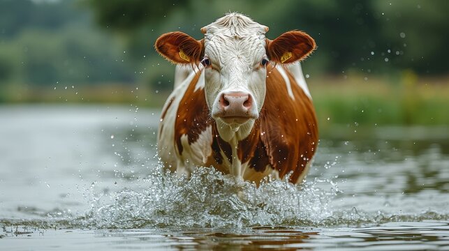 Cow happily splashing milk in a playful moment, creating a delightful and charming scene