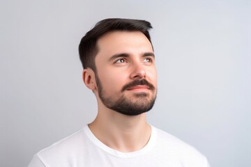 Obraz premium A man with a beard and a mustache is looking up at the sky