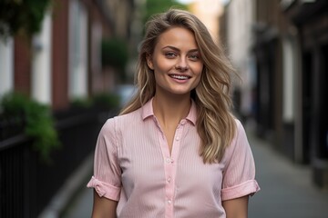 Fototapeta premium A woman in a pink shirt is smiling and standing on a sidewalk