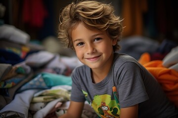 Fototapeta premium A young boy is smiling and wearing a gray shirt with a cartoon character on it