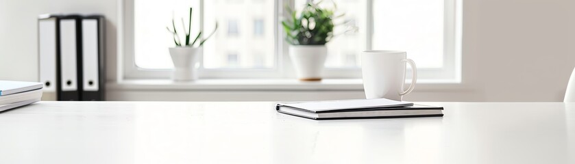 A beautiful minimalist desk with a potted plant, two coffee mugs, and a pen on a whitewashed wooden background. The perfect backdrop for your next blog post or product showcase.