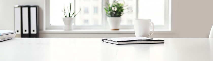 Fototapeta premium A beautiful minimalist desk with a potted plant, two coffee mugs, and a pen on a whitewashed wooden background. The perfect backdrop for your next blog post or product showcase.