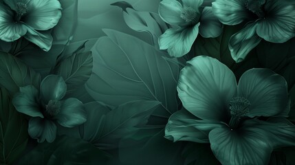 Vibrant green flowers contrast against a deep, dark background in a striking floral abstract composition