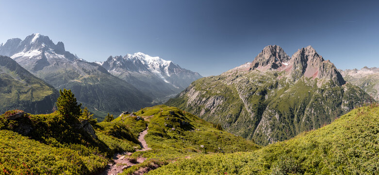 Mont-Blanc massif, the Aiguille de Mesure and the Aiguille de la T&ecirc;te Plate from the climb towards the Aiguillette des Posettes