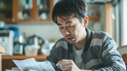 Japanese man calculating financial bills at home stock photo 