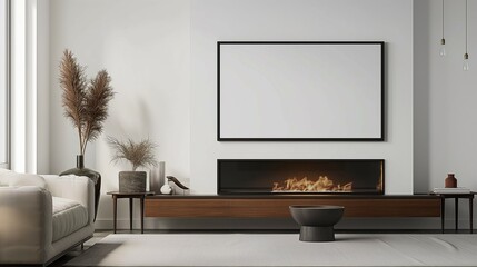 Frame mockup, fireplace cabinet, modern living room interior, 3D render