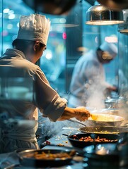 A professional chef in a white toque and white coat is cooking in a commercial kitchen