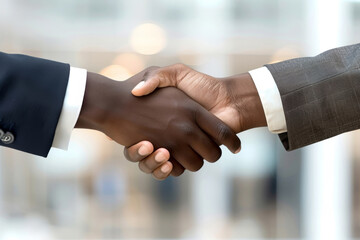 Two business professionals, one with a light skin tone and one with a dark skin tone, engaging in a firm handshake