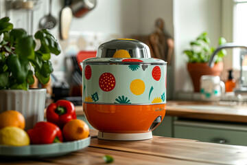 A retro-style food processor with a colorful design, adding a playful touch to the kitchen.