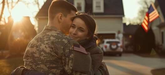 female in a military uniform hugging her husband after he came home from war, with an American flag in the background.