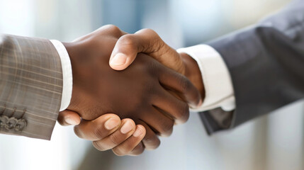 Obraz premium Close-up view of a handshake between two people from diverse backgrounds, symbolizing partnership, trust, and equality in business relationships