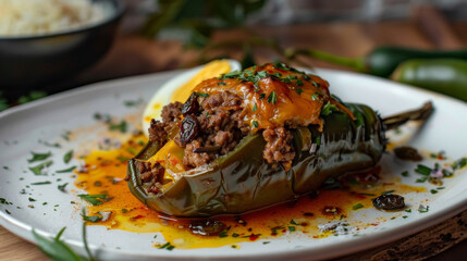 Traditional peruvian dish: a flavorful stuffed rocoto pepper with meat, cheese, and herbs on a rustic table