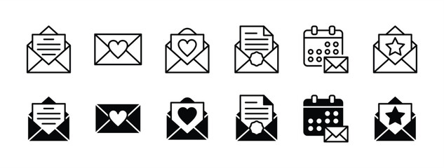 Invitation letter thin line icon set. Invite email for event, wedding, party, festival, celebration. Containing love letter, envelope, schedule, message, electronic mail. Vector illustration