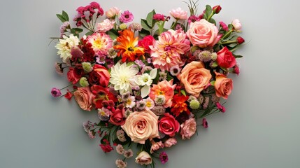 A decorative flower arrangement in the shape of a heart, symbolizing love and affection in various celebratory occasions.