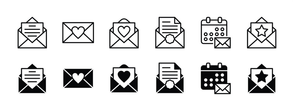 Invitation letter thin line icon set. Invite email for event, wedding, party, festival, celebration. Containing love letter, envelope, schedule, message, electronic mail. Vector illustration