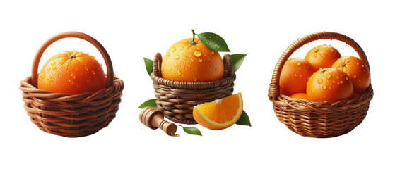Fresh oranges in a brown wooden basket isolated