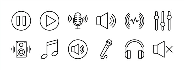 Audio button thin line icon set. Containing music, sound, speaker volume, play, video, pause, equalizer, loudspeaker, mute, microphone, headset. Vector illustration