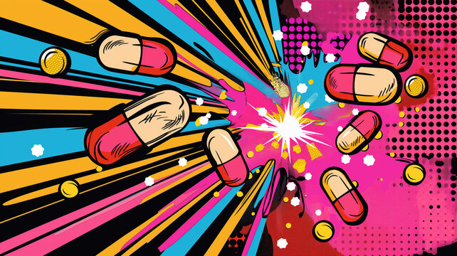 Fototapeta Pop art comic medicine pills and supplement capsules poster. Colorful background in pop art retro comic style.