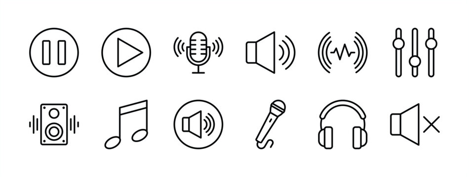 Audio button thin line icon set. Containing music, sound, speaker volume, play, video, pause, equalizer, loudspeaker, mute, microphone, headset. Vector illustration