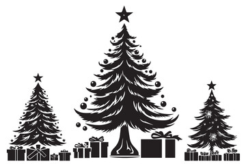 Set silhouette christmas trees with gifts design isolated vector