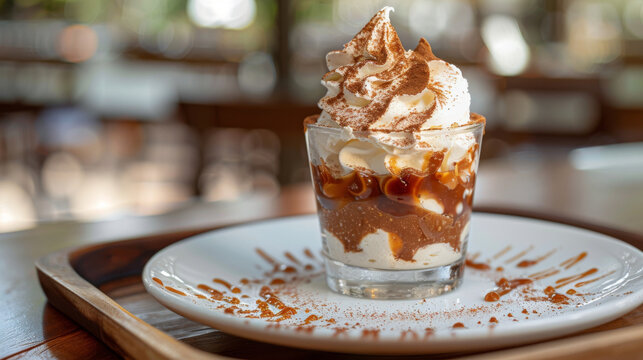 Delectable serving of suspiro a la lime&ntilde;a, the classic peruvian dessert, adorned with whipped cream and caramel in a glass cup