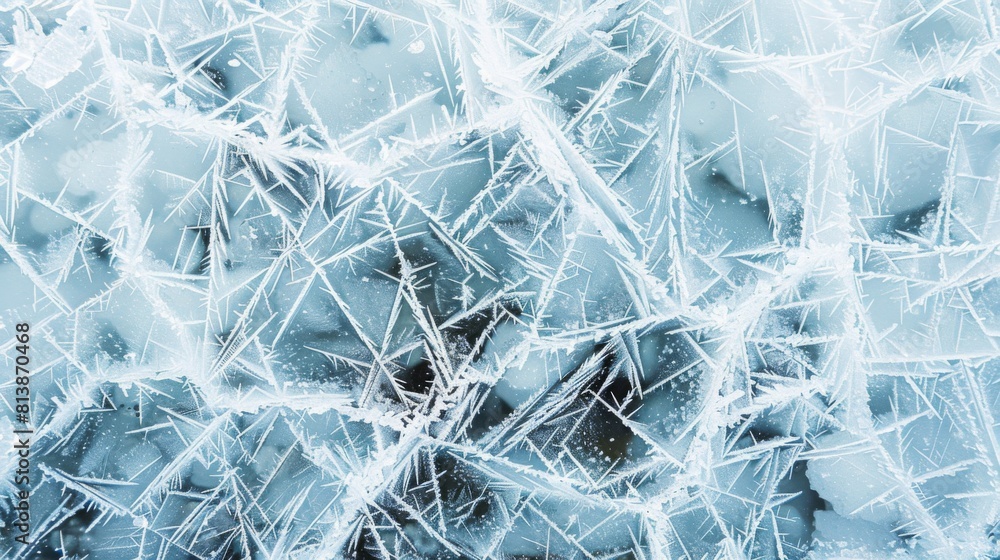 Poster Close-up view of frost crystals forming unique patterns on a glass surface during a cold winter day.