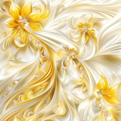 A white background adorned with delicate gold flowers, resembling angelic petals. The intricate design combines metal art with flowering plants, creating a peachy and elegant composition