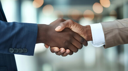 Close-up image capturing a handshake between two people with different skin tones, symbolizing diversity and collaboration in a professional setting