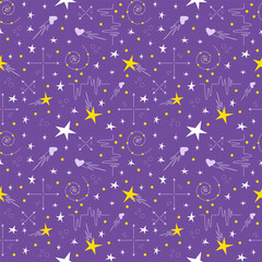 Vector seamless background with abstract space or sky elements, stars, arrows, dots, hearts.
