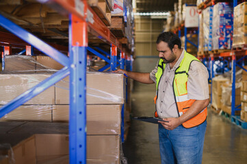 Industry warehouse managers in safety uniforms check the stock order details and goods supplies in...