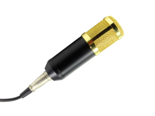 Black gold wired microphone isolated on white background.