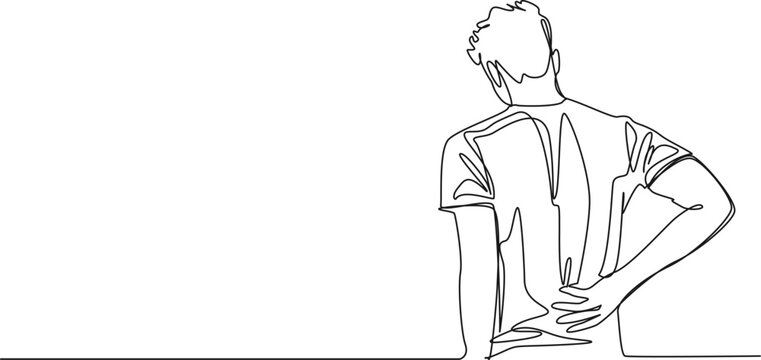 continuous single line drawing of man suffering from back pain, line art vector illustration