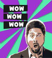 Man wow. Portrait of a beautiful man with bright colorful painted design. Retro and magazine style, modern vision of females beauty and fashion, contemporary artwork. Copyspace