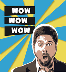 Man wow. Portrait of a beautiful man with bright colorful painted design. Retro and magazine style, modern vision of females beauty and fashion, contemporary artwork. Copyspace