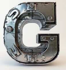capital bold initial "G" with metallic texture and industrial look on a white background