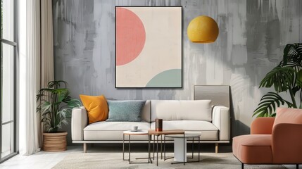 Mid century modern living room with pink and green abstract art print, white sofa, and orange...