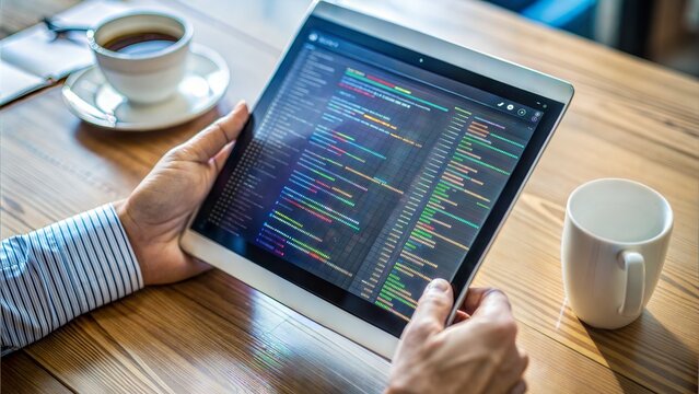Coding on Tablet Screen: An image showing a close-up view of coding or programming being done on a tablet device, representing mobile development or digital innovation.	
