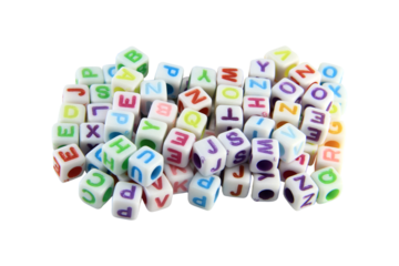 Lots of square shaped colorful letters isolated on white background.