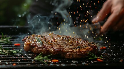 A juicy and tender steak sizzling on the grill, with flames and spices flying.