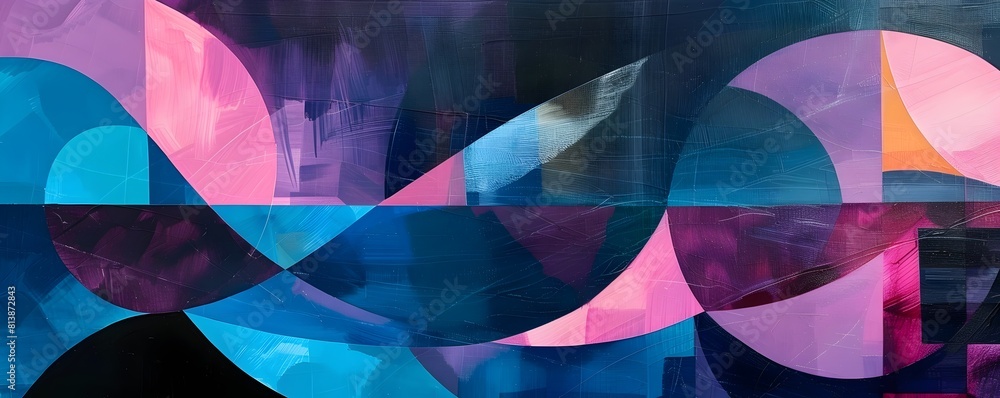 Poster bold geometric shapes in vibrant electric blues pinks and purples creating a sense of dynamic moveme