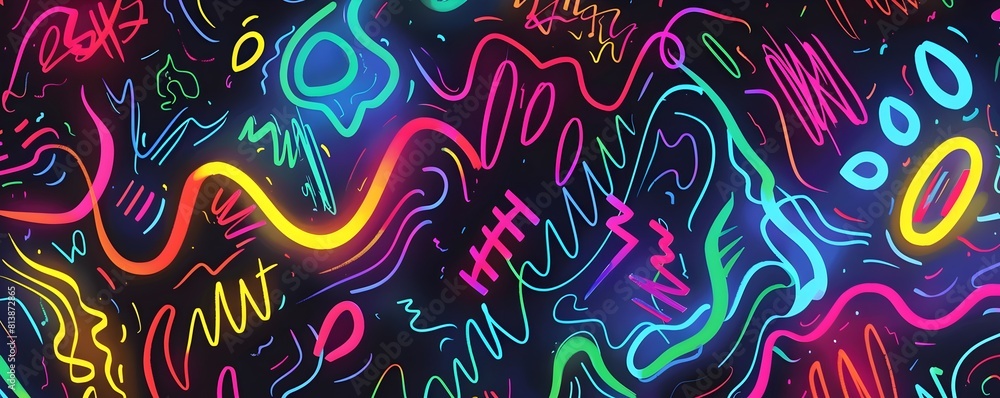 Poster vibrant neon squiggles and abstract lines creating a sense of chaos and fun